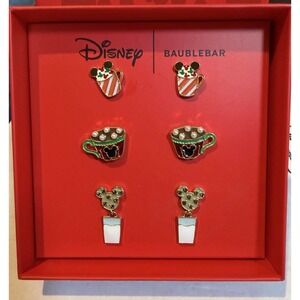Disney BAUBLEBAR Mickey Holiday Coffee Milk Cookie Drink Set Of 3 Earrings NEW